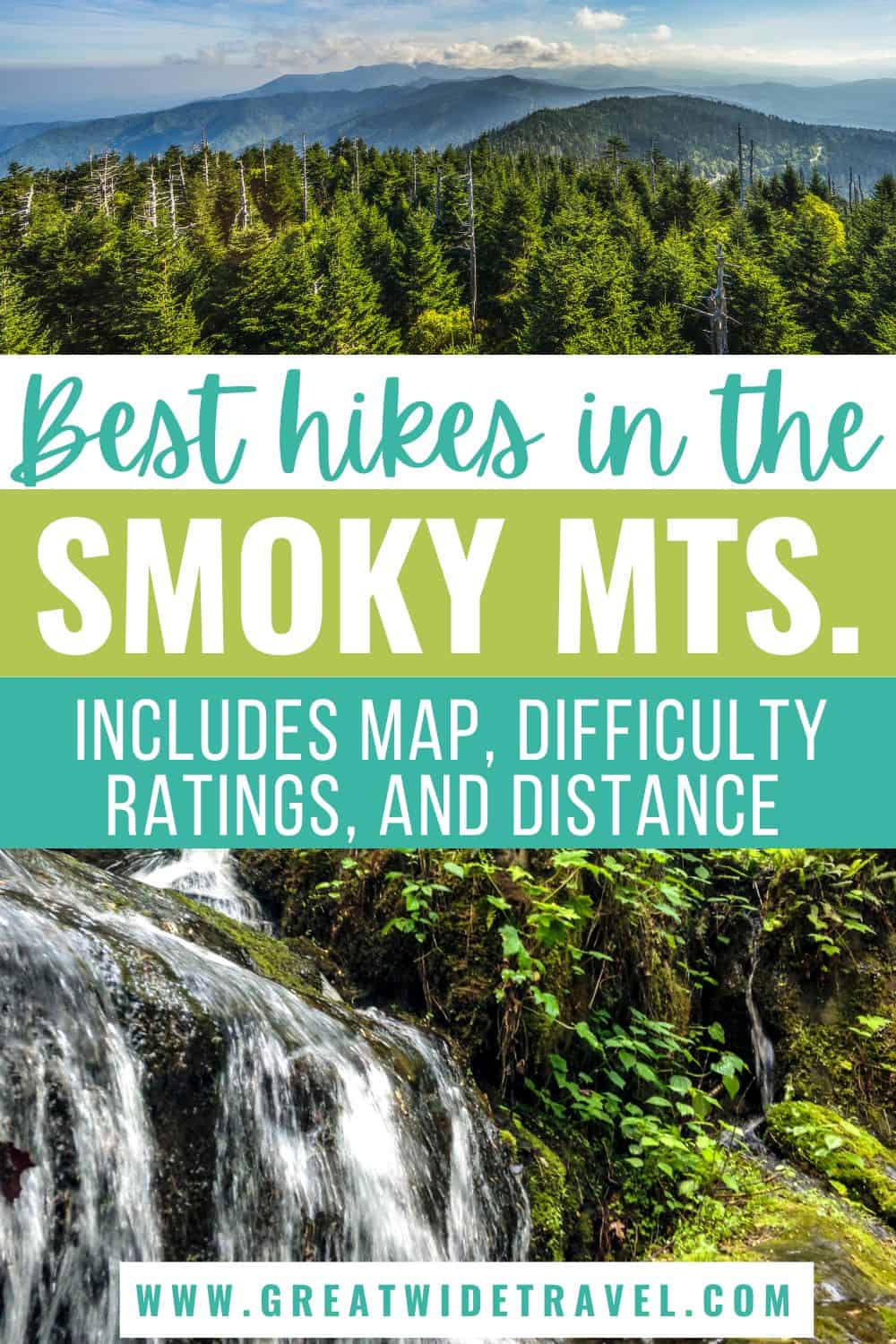 Best hikes in the Great Smoky Mountains National Park, Tennessee. Includes distance of hike, difficulty level, and map pins